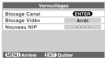 Verrouillages Blocage Canal ENTER Blocage Vidéo Arrêt Nouveau NIP - - - - MENU Arrière EXIT Quitter