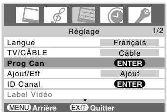 Réglage 1/2 Langue Français TV/CÂBLE Câble Prog Can ENTER Ajout/Eff Ajout ID Canal ENTER Label Vidéo MENU Arrière EXIT Quitter