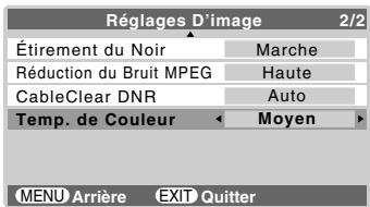 Réglages D'image 2/2 Étirement du Noir Marche Réduction du Bruit MPEG Haute CableClear DNR Auto Temp. de Couleur Moyen MENU Arrière EXIT Quitter