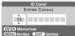 ID Canal Entrée Canaux 13 ENTER Memoriser MENU Arrière EXIT Quitter