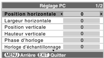 Réglage PC 1/2 Position horizontale 0 Largeur horizontale 0 Position verticale 0 Hauteur verticale 0 Phase d'horloge 0 Horloge d'échantillonnage 0 MENU Arrière EXIT Quitter