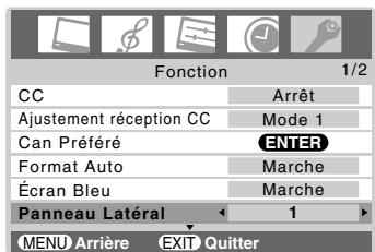 Fonction 1/2 CC Arrêt Ajustement réception CC Mode 1 Can Préféré ENTER Format Auto Marche Écran Bleu Marche Panneau Latéral 1 MENU Arrière EXIT Quitter