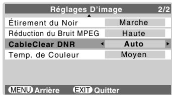 Réglages D'image 2/2 Étirement du Noir Marche Réduction du Bruit MPEG Haute CableClear DNR Auto Temp. de Couleur Moyen MENU Arrière EXIT Quitter