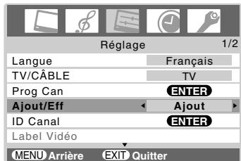 Réglage 1/2 Langue Français TV/CÂBLE TV Prog Can ENTER Ajout/Eff Ajout ID Canal ENTER Label Vidéo MENU Arrière EXIT Quitter