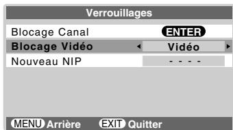 Verrouillages Blocage Canal Blocage Vidéo Nouveau NIP ENTER Vidéo - - - MENU Arrière EXIT Quitter
