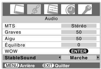Audio MTS Stéréo Graves 50 Aigu 50 Équilibre 0 WOW ENTER StableSound Marche MENU Arrière EXIT Quitter