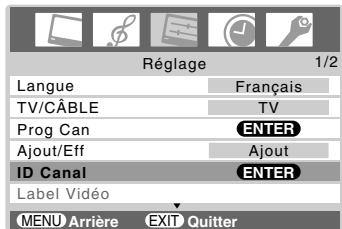 Réglage 1/2 Langue Français TV/CÂBLE TV Prog Can ENTER Ajout/Eff Ajout ID Canal ENTER Label Vidéo MENU Arrière EXIT Quitter