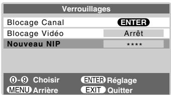 Verrouillages Blocage Canal Blocage Vidéo Nouveau NIP 0-9 Choisir MENU Arrière ENTER Réglage EXIT Quitter