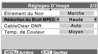 Réglages D'image 2/2 Étirement du Noir Marche Réduction du Bruit MPEG Haute CableClear DNR Auto Temp. de Couleur Moyen MENU Arrière EXIT Quitter
