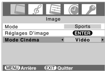 Image Mode Sports Réglages D'image ENTER Mode Cinéma Video MENU Arrière EXIT Quitter