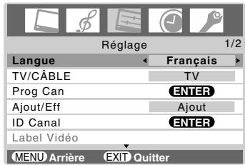 Réglage 1/2 Langue Français TV/CÂBLE TV Prog Can ENTER Ajout/Eff Ajout ID Canal ENTER Label Vidéo MENU Arrière EXIT Quitter