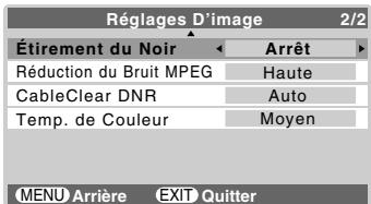 Réglages D'image 2/2 Étirement du Noir Arrêt Réduction du Bruit MPEG Haute CableClear DNR Auto Temp. de Couleur Moyen MENU Arrière EXIT Quitter