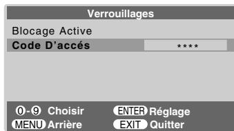 Verrouillages Blocage Active Code D'accés **** 0-9 Choisir ENTER Réglage MENU Arrière EXIT Quitter