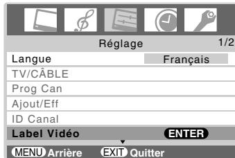 Réglage 1/2 Langue Français TV/CÂBLE Prog Can Ajout/Eff ID Canal Label Vidéo ENTER MENU Arrière EXIT Quitter