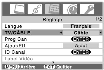 Réglage 1/2 Langue Français TV/CÂBLE Câble Prog Can ENTER Ajout/Eff Ajout ID Canal ENTER Label Vidéo MENU Arrière EXIT Quitter