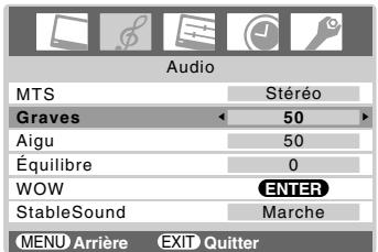 Audio MTS Stéréo Graves 50 Aigu 50 Équilibre 0 WOW ENTER StableSound Marche MENU Arrière EXIT Quitter