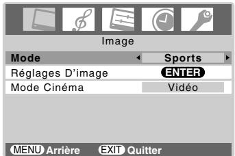 Image Mode Sports Réglages D'image ENTER Mode Cinéma Vidéo MENU Arrière EXIT Quitter