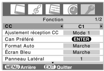 Fonction 1/2 CC C1 Ajustement réception CC Mode 1 Can Préféré ENTER Format Auto Marche Écran Bleu Marche Panneau Latéral 1 MENU Arrière EXIT Quitter