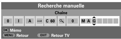 Recherche manuelle Chaine 0 I A → C 60 0 M A G OK Mémo MENU Retour EXIT Retour TV