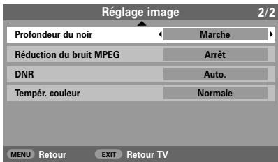 Réglage image 2/2 Profondeur du noir Marche Réduction du bruit MPEG Arrêt DNR Auto. Tempér. couleur Normale MENU Retour EXIT Retour TV