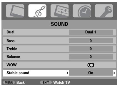 SOUND Dual Dual 1 Bass 0 Treble 0 Balance 0 WOW OK Stable sound On MENU Back EXIT Watch TV