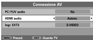 Connessione AV PC/YUV audio No HDMI audio Autom. Ingr. EXT2 S-VIDEO MENU Preced. EXIT Guarda TV