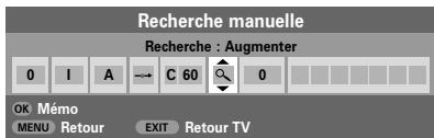 Recherche manuelle Recherche : Augmenter 0 I A → C 60 0 OK Mémo MENU Retour EXIT Retour TV