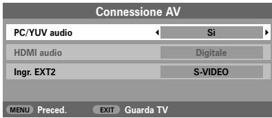 Connessione AV PC/YUV audio Si HDMI audio Digitale Ingr. EXT2 S-VIDEO MENU Preced. EXIT Guarda TV