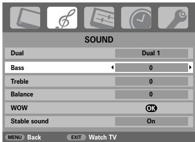 SOUND Dual Dual 1 Bass 0 Treble 0 Balance 0 WOW OK Stable sound On MENU Back EXIT Watch TV