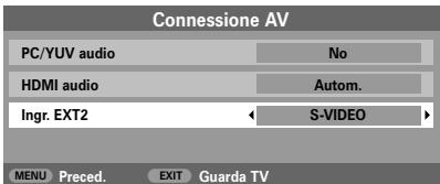 Connessione AV PC/YUV audio No HDMI audio Autom. Ingr. EXT2 ← S-VIDEO > MENU Preced. EXIT Guarda TV