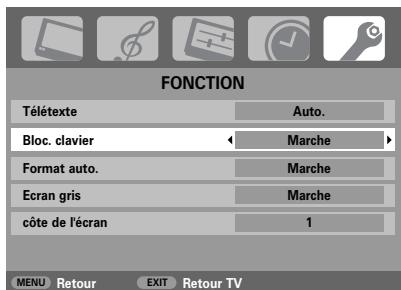FONCTION Télétexte Auto. Bloc. clavier Marche Format auto.Marche Ecran gris Marche côte de l'écran 1 MENU Retour EXIT Retour TV