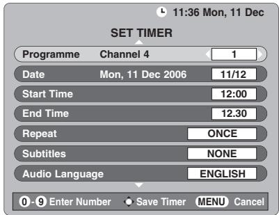 TOSHIBA AV505D - Press  and  to go through the list adding the details of the programme to be timed by using the number buttons and < and > to make selections. - 1
