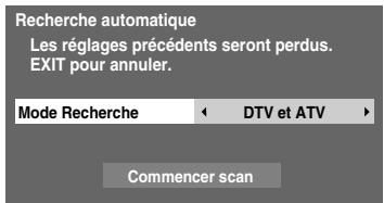 Recherche automatique Les réglages précédents seront perdus. EXIT pour annuler. Mode Recherche ← DTV et ATV ► Commencer scan