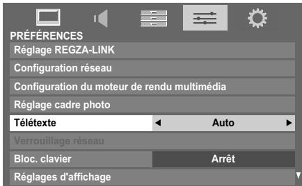 PRÉFÉRENCES Réglage REGZA-LINK Configuration réseau Configuration du moteur de rendu multimédia Réglage cadre photo Télétexte Auto Verrouillage réseau Bloc. clavier Arrêt Réglages d'affichage