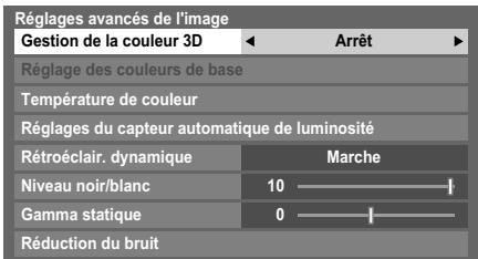 Réglages avancés de l'image Gestion de la couleur 3D ← Arrêt ► Réglage des couleurs de base Température de couleur Réglages du capteur automatique de luminosité Rétroéclair. dynamique Marche Niveau noir/blanc 10 | Gamma statique 0 | Réduction du bruit