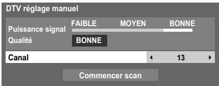 DTV réglage manuel Puissance signal FAIBLE MOYEN BONNE Qualité BONNE Canal 13 Commencer scan