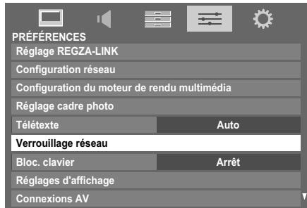 PRÉFÉRENCES Réglage REGZA-LINK Configuration réseau Configuration du moteur de rendu multimédia Réglage cadre photo Télétexte Auto Verrouillage réseau Bloc. clavier Arrêt Réglages d'affichage Connexions AV