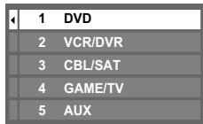 1 DVD 2 VCR/DVR 3 CBL/SAT 4 GAME/TV 5 AUX