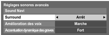 Réglages sonores avancés Sound Navi Surround Arrêt Amélioration des voix Marche Accentuation dynamique des graves Fort