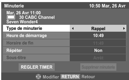 Minuterie 10:50 Mar, 26 Avr Mar, 26 Avr 11:00 30 CABC Channel Seven Wonder4 Type de minuterie Rappel Heure de démarrage 10:49 Horaire de fin 11:49 Répéter Non Sous-titre Arrêt REGLER TIMER Supprimer minuterie Modifier RETURN Retour