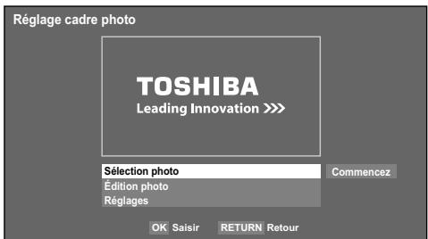Réglage cadre photo TOSHIBA Leading Innovation >> Sélection photo Edition photo Réglages Commencez OK Saisir RETURN Retour