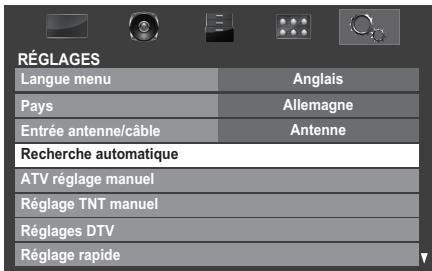 RÉGLAGES Langue menu Anglais Pays Allemagne Entrée antenne/câble Antenne Recherche automatique ATV réglage manuel Réglage TNT manuel Réglages DTV Réglage rapide
