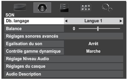 SON Db. langage Balance 0 Langue 1 Réglages sonores avancés Egalisation du son Arrêt Contrôle gamme dynamique Marche Réglage Niveau Audio Réglages du casque Audio Description
