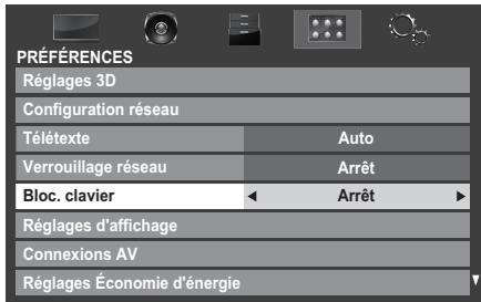 PRÉFÉRENCES Réglages 3D Configuration réseau Télétexte Auto Verrouillage réseau Arrêt Bloc. clavier Arrêt Réglages d'affichage Connexions AV Réglages Économie d'énergie