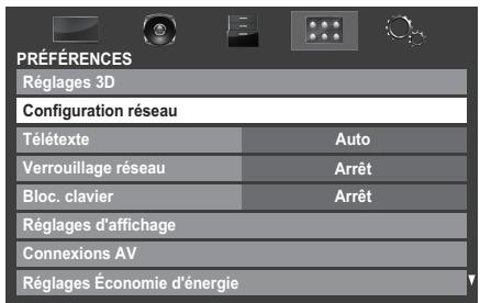 PRÉFÉRENCES Réglages 3D Configuration réseau Télétexte Auto Verrouillage réseau Arrêt Bloc. clavier Arrêt Réglages d'affichage Connexions AV Réglages Économie d'énergie