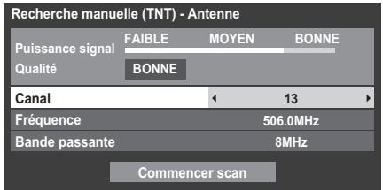 Recherche manuelle (TNT) - Antenne Puissance signal FAIBLE MOYEN BONNE Qualité BONNE Canal 13 Fréquence 506.0MHz Bande passante 8MHz Commencer scan