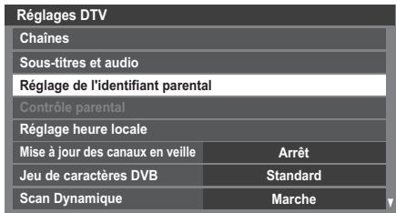 Réglages DTV Chaînes Sous-titres et audio Réglage de l'identifiant parental Contrôle parental Réglage heure locale Mise à jour des canaux en veille Arrêt Jeu de caractères DVB Standard Scan Dynamique Marche