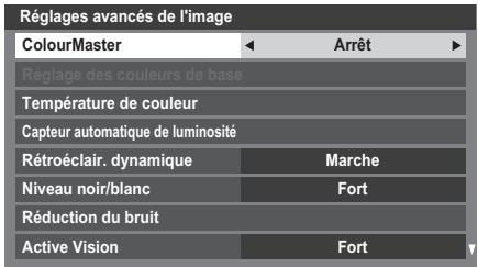 Réglages avancés de l'image ColourMaster Arrêt Réglage des couleurs de base Température de couleur Capteur automatique de luminosité Rétroéclair. dynamique Marche Niveau noir/blanc Fort Réduction du bruit Active Vision Fort