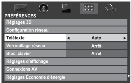 PRÉFÉRENCES Réglages 3D Configuration réseau Télétexte Auto Verrouillage réseau Arrêt Bloc. clavier Arrêt Réglages d'affichage Connexions AV Réglages Économie d'énergie