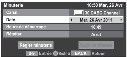 Minuterie 10:50 Mar, 26 Avr Canal 30 CABC Channel Date Mar, 26 Avr 2011 Heure de démarrage 10:49 Répéter Arrêt Régler minuterie Supprimer minuterie 0-9 Entrée Modifier BACK Retour